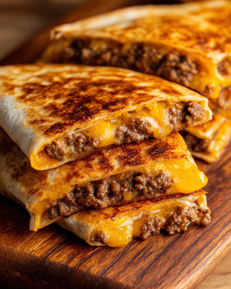 Close-up of stacked Smashburger Quesadillas showing melted cheese and seasoned ground beef filling.