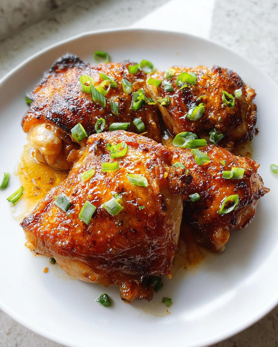 Three pieces of glazed Soy-Ginger Sticky Thighs topped with chopped green onions on a white plate.