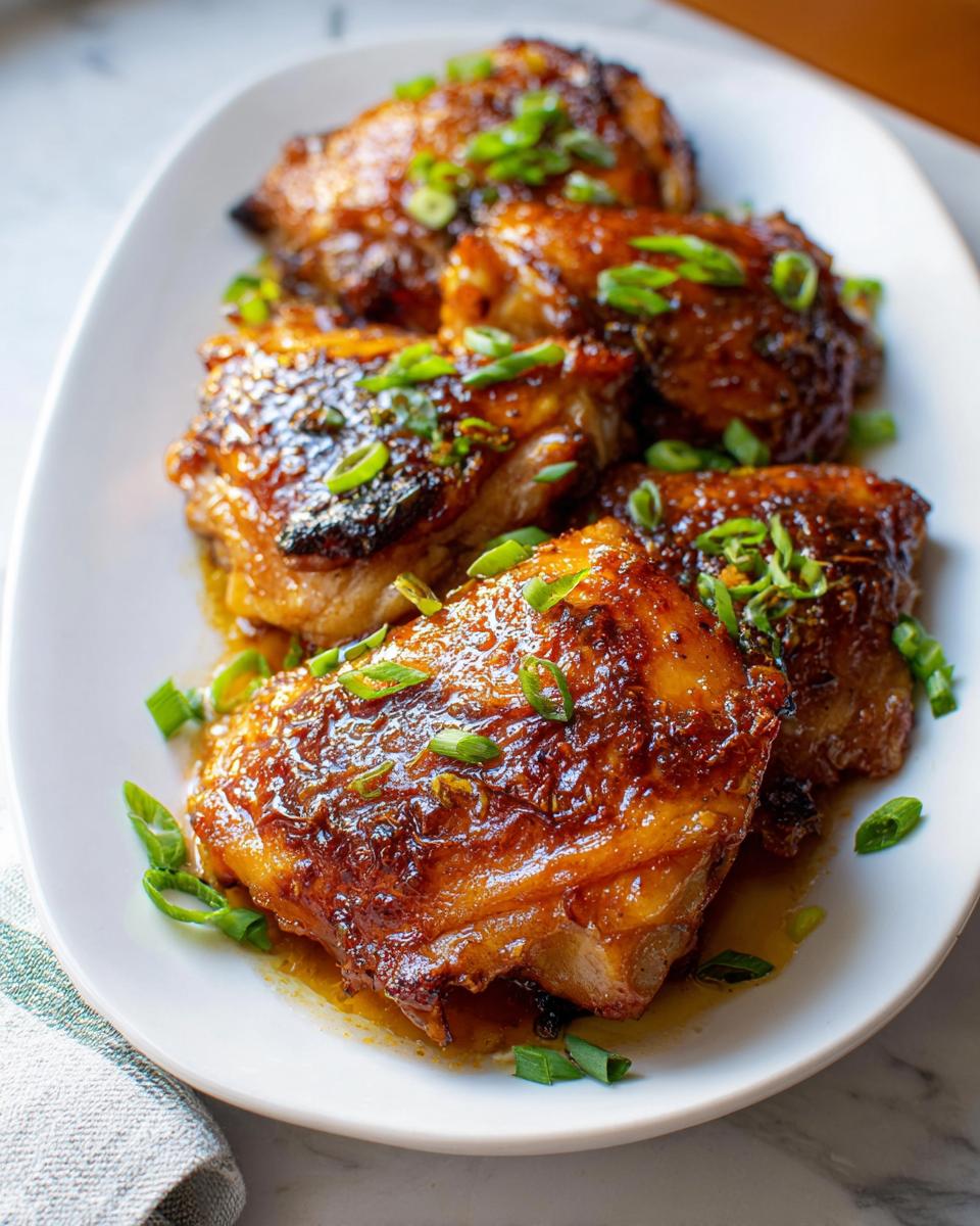 A white platter holding several glistening Soy-Ginger Sticky Thighs, topped generously with sliced green onions.