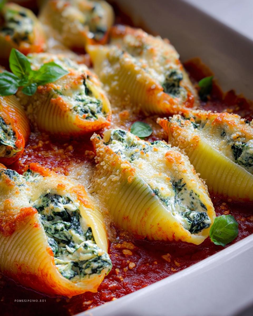 Close-up of baked Spinach & Ricotta Stuffed Shells covered in melted cheese and tomato sauce.