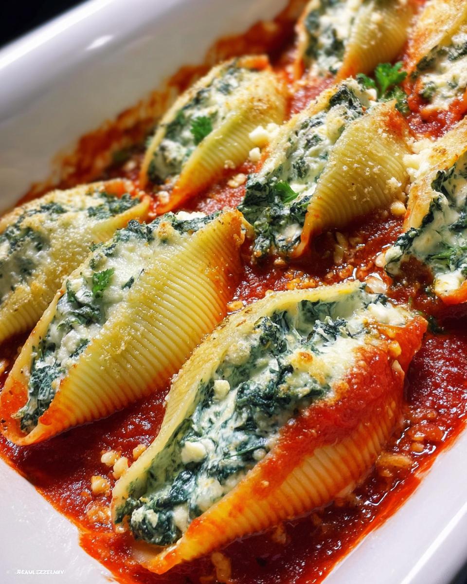 Close-up of baked Spinach & Ricotta Stuffed Shells generously filled and covered in rich tomato sauce.