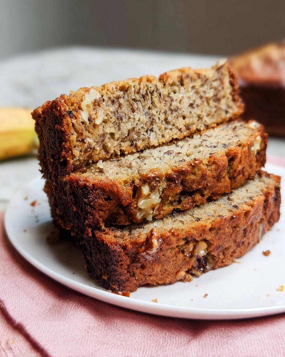 Three stacked slices of moist, classic Banana Nut Bread showing walnuts and a rich brown crust.