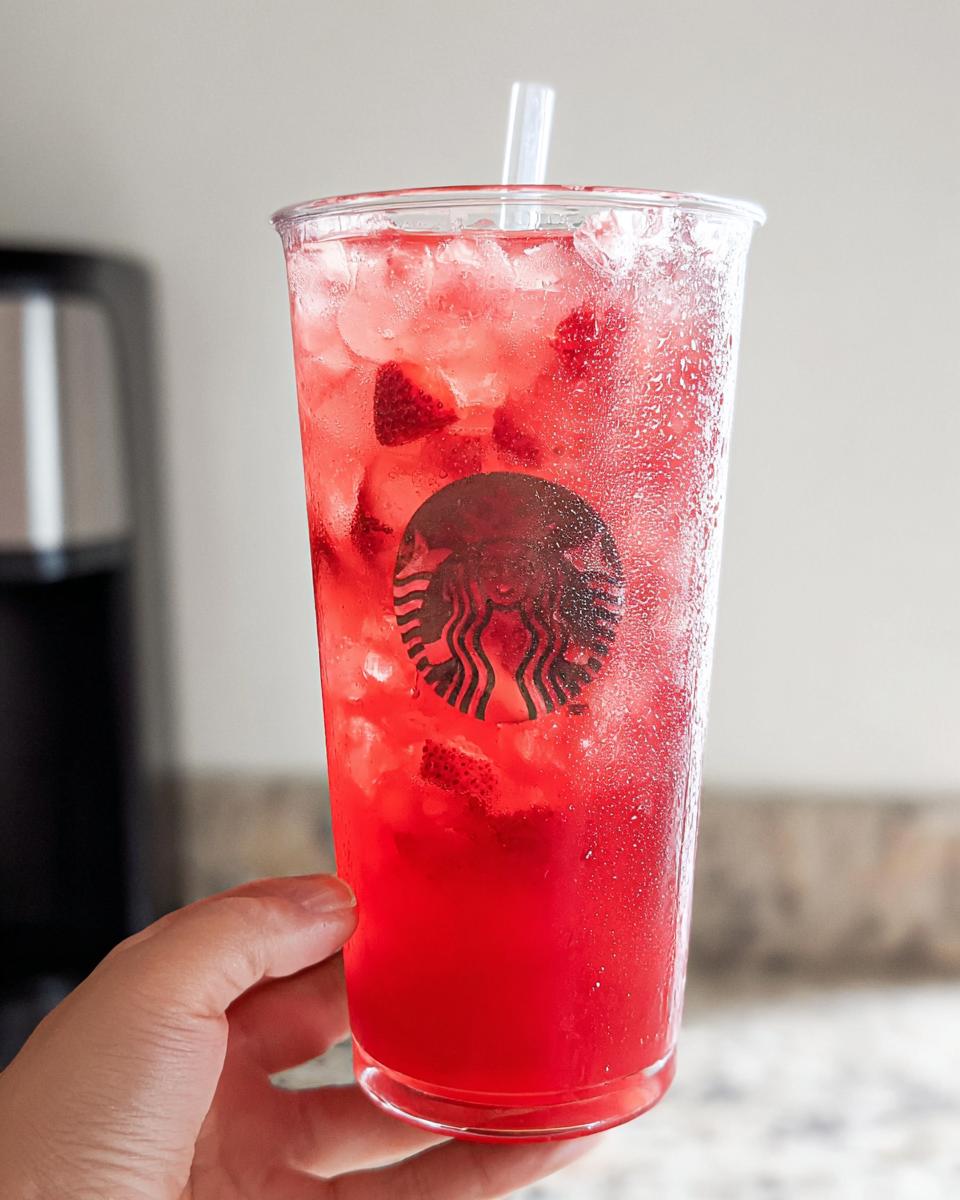 A hand holds a cold, sweating plastic cup filled with a bright red Strawberry Açaí Refresher Copycat drink and ice.