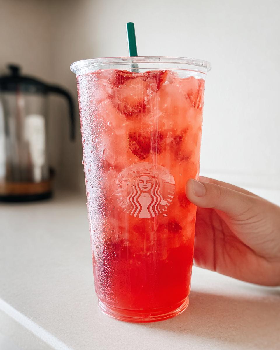 Hand holding a cold, condensation-covered cup of Strawberry Açaí Refresher Copycat with ice and strawberries.