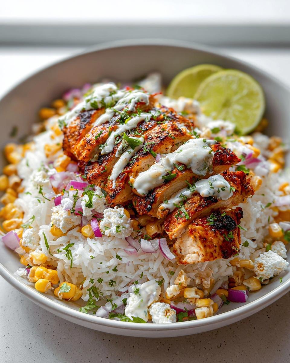 A close-up of a vibrant Street Corn Chicken Rice Bowl topped with sliced seasoned chicken and crema.