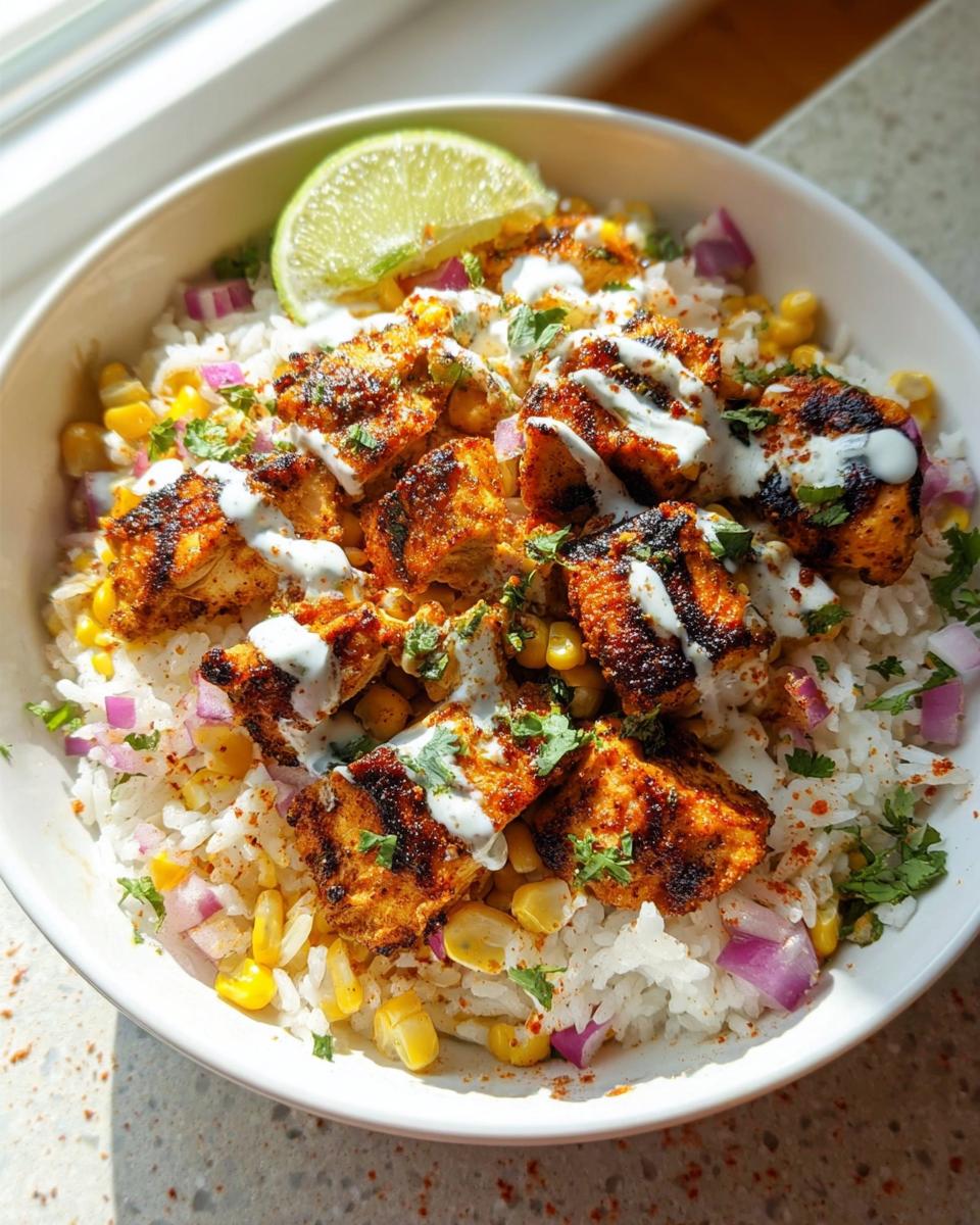 Close-up of a vibrant Street Corn Chicken Rice Bowl topped with seasoned chicken, corn, red onion, and crema.