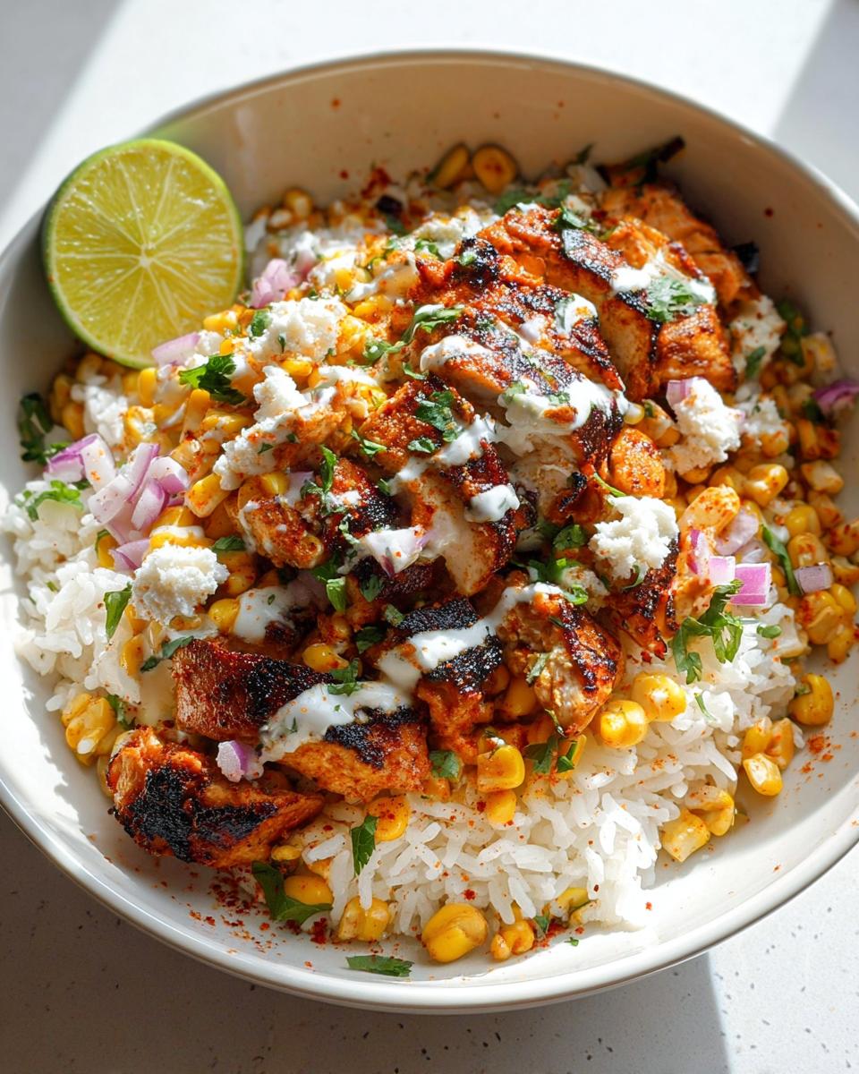 A vibrant Street Corn Chicken Rice Bowl topped with grilled chicken, cotija cheese, and a lime wedge.