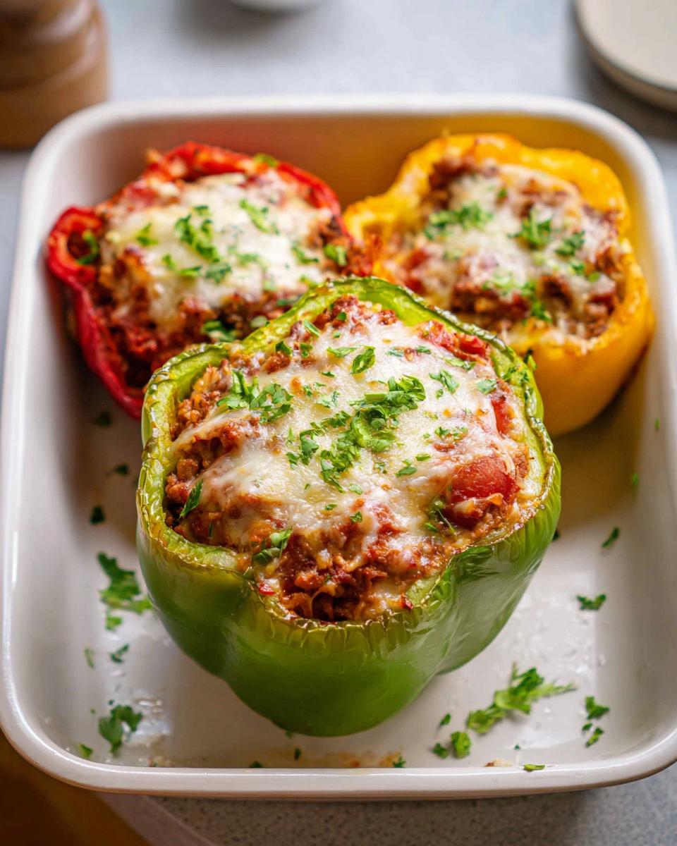 Three baked Stuffed Peppers with Beef & Rice, topped with melted cheese and fresh parsley, in a white baking dish.