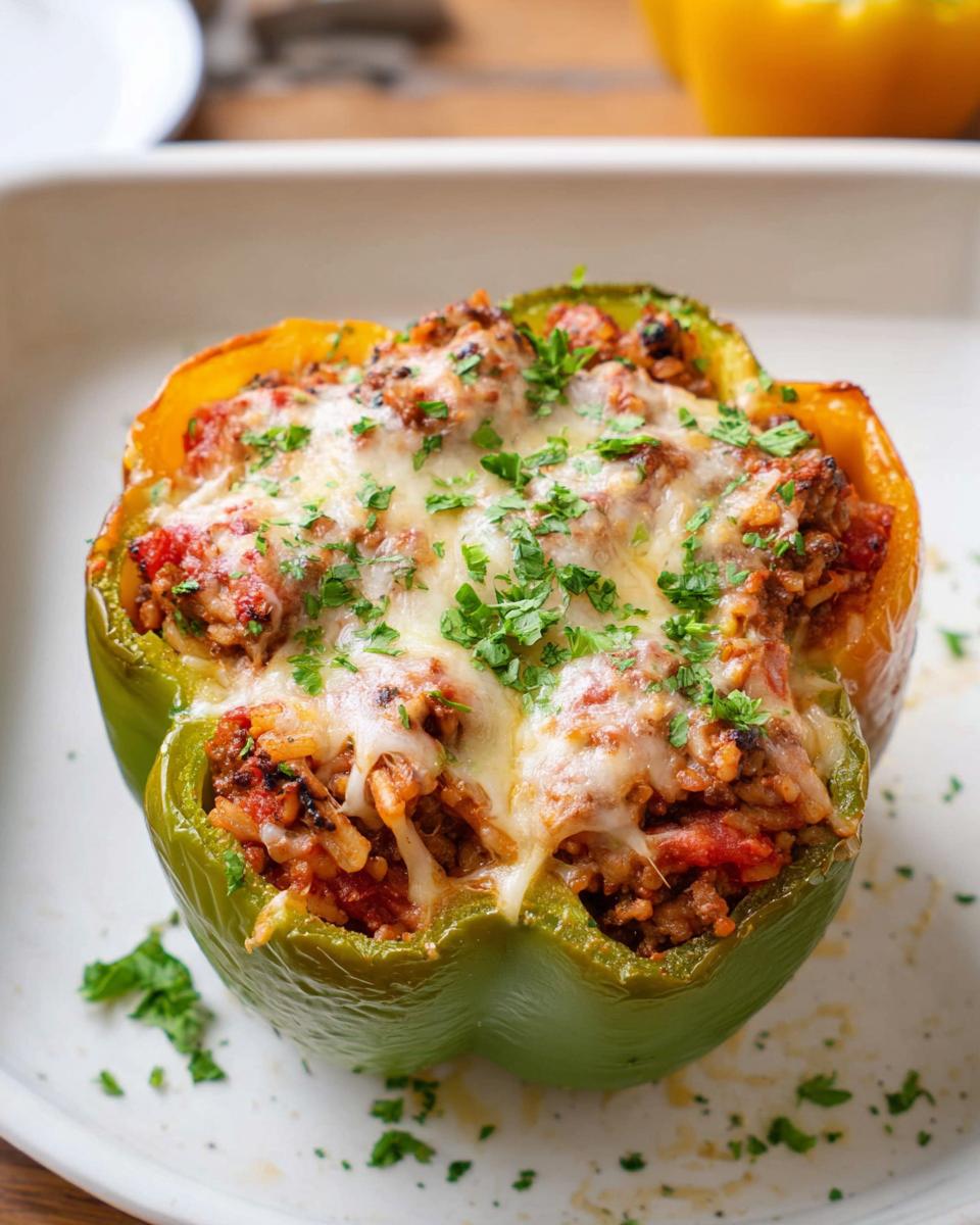 A single, baked green stuffed pepper with beef and rice filling, topped with melted cheese and fresh parsley.