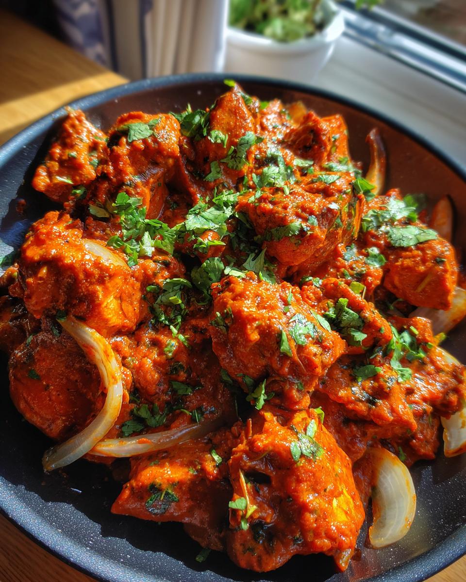 Close-up of rich, red-orange Texas Roadhouse Butter Chicken Skillet pieces garnished with fresh cilantro.