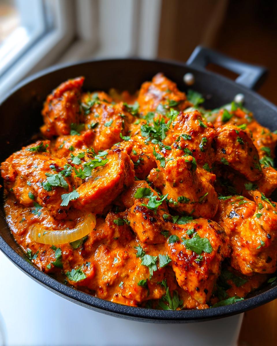 Close-up of tender chicken pieces coated in a creamy, vibrant orange sauce in a black skillet, garnished with fresh cilantro, representing Texas Roadhouse Butter Chicken Skillet.