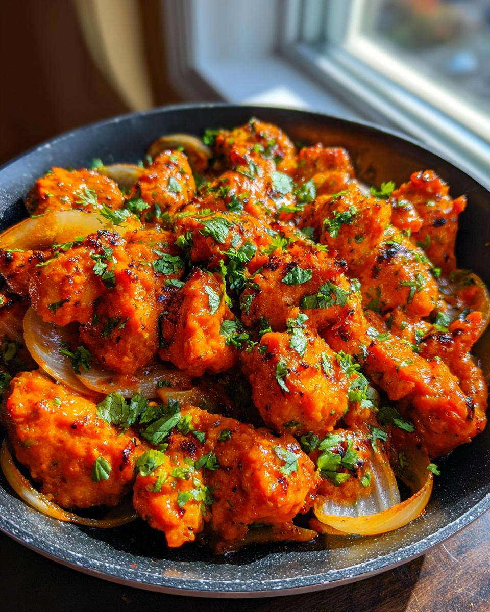 Close-up of bright orange Texas Roadhouse Butter Chicken Skillet pieces mixed with sautéed onions and topped with fresh cilantro.