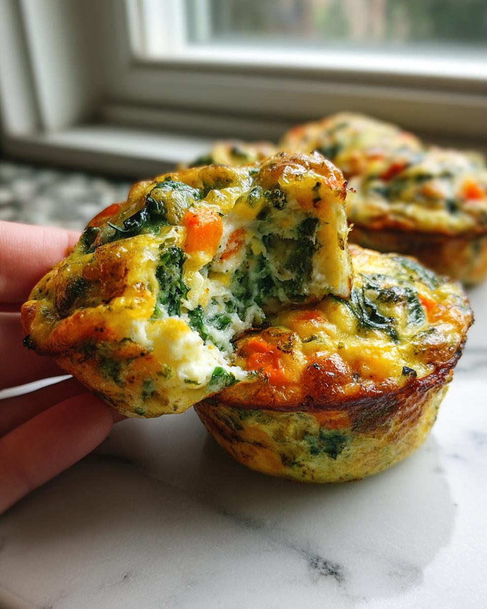 A hand holds open one of the Veggie-Loaded Egg Muffins, revealing the fluffy interior packed with spinach and carrots.