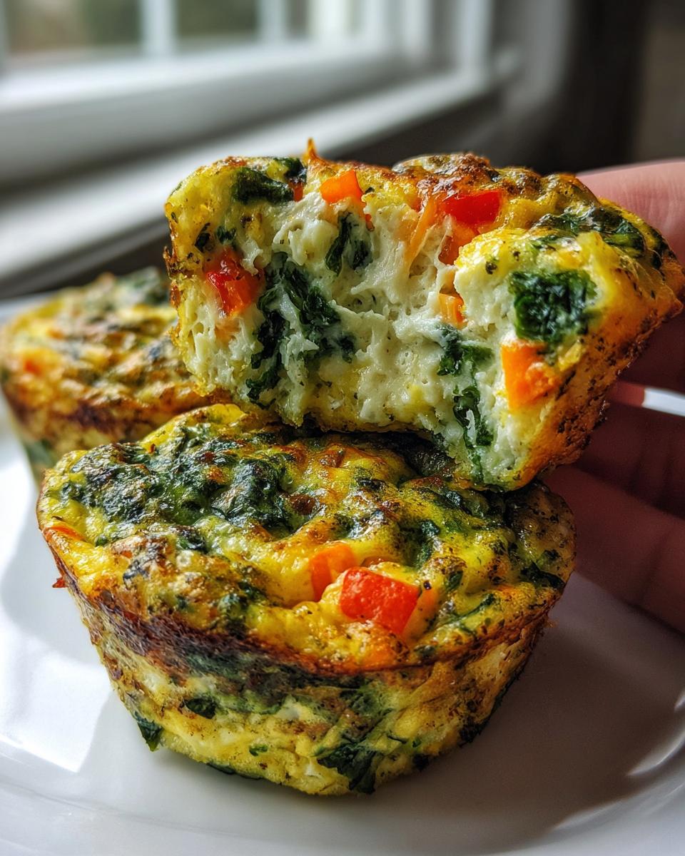 A hand holding a halved Veggie-Loaded Egg Muffin, showing the fluffy interior packed with spinach and red peppers.