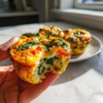 Hand holding a Veggie-Loaded Egg Muffin with a bite taken out, showing spinach and red pepper inside.