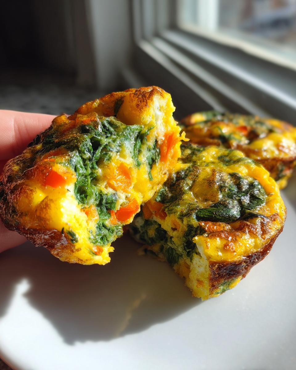 Hand holding a halved Veggie-Loaded Egg Muffin showing bright green spinach and orange peppers inside the cooked egg mixture.