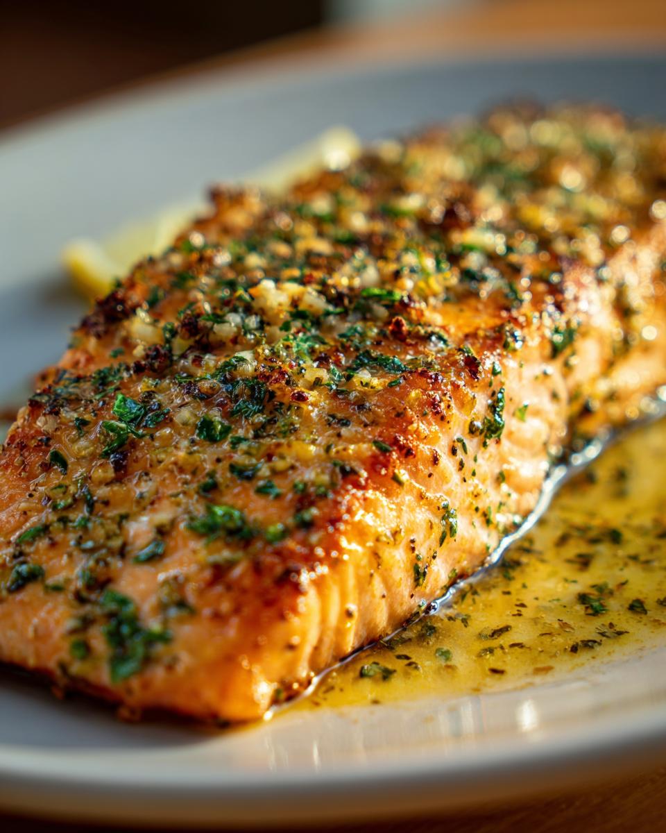 A close-up of a perfectly cooked salmon fillet, seasoned with herbs and garlic, served with a lemon wedge and butter sauce. An ideal choice for easy healthy dinner recipes.