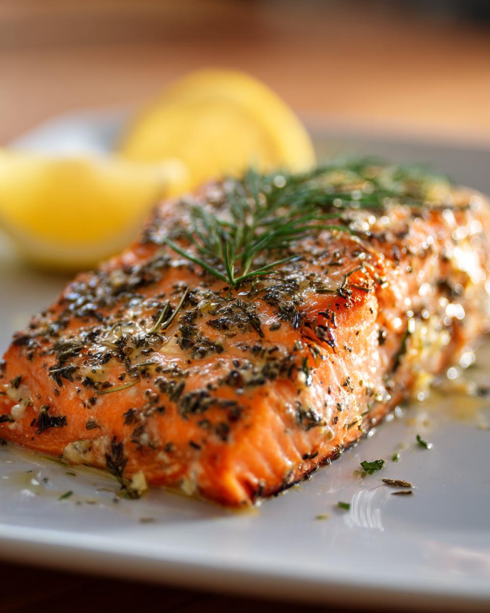 A perfectly cooked salmon fillet seasoned with herbs and served with lemon wedges, ideal for easy healthy dinner recipes.