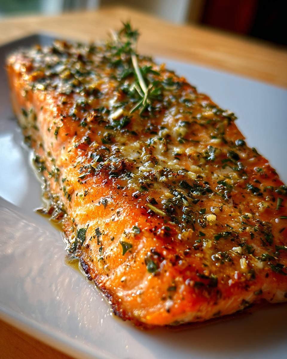 A close-up of a perfectly cooked salmon fillet, seasoned with herbs and spices, ready for an easy healthy dinner.