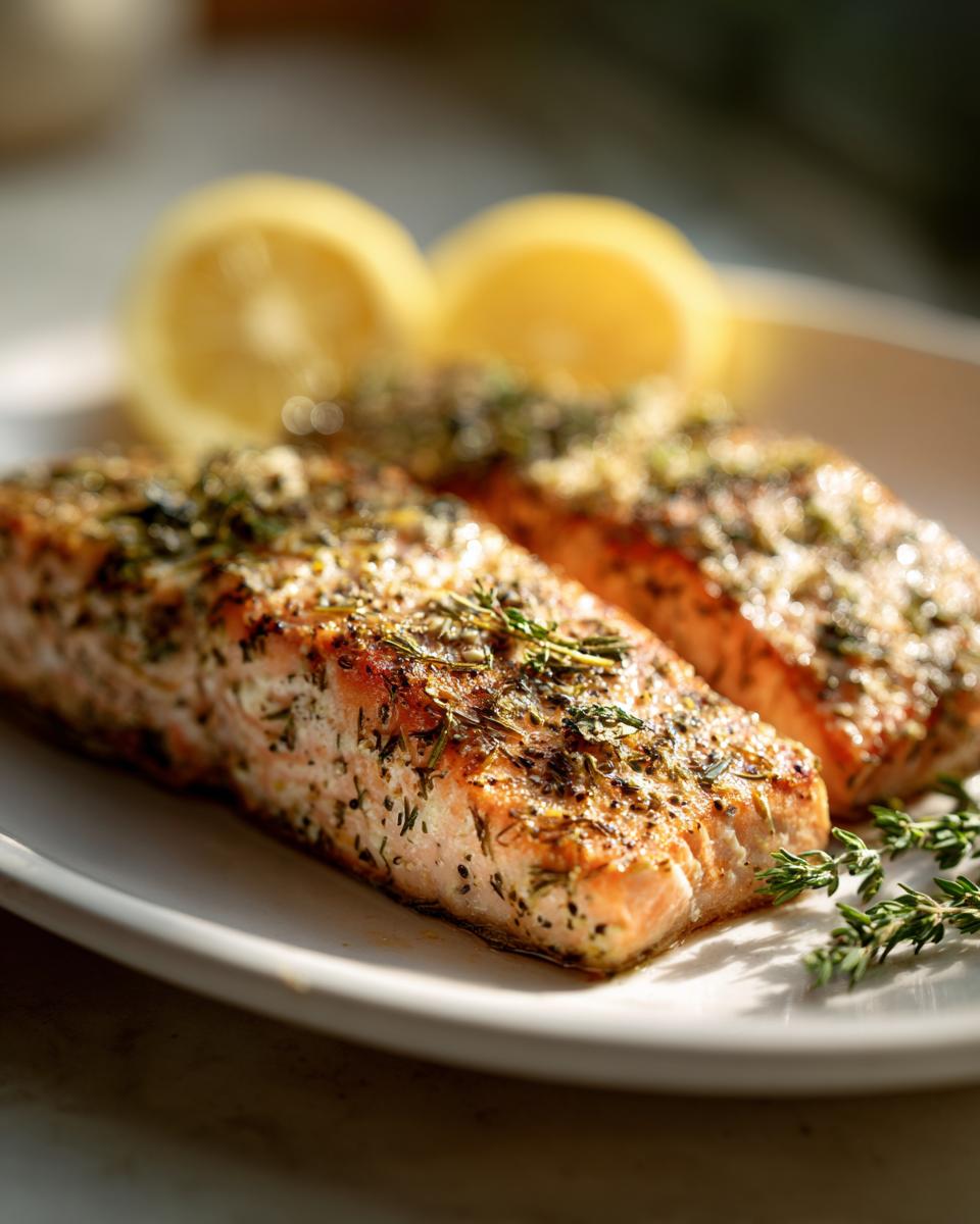 Two perfectly cooked salmon fillets seasoned with herbs, served with lemon slices, showcasing easy healthy dinner recipes.