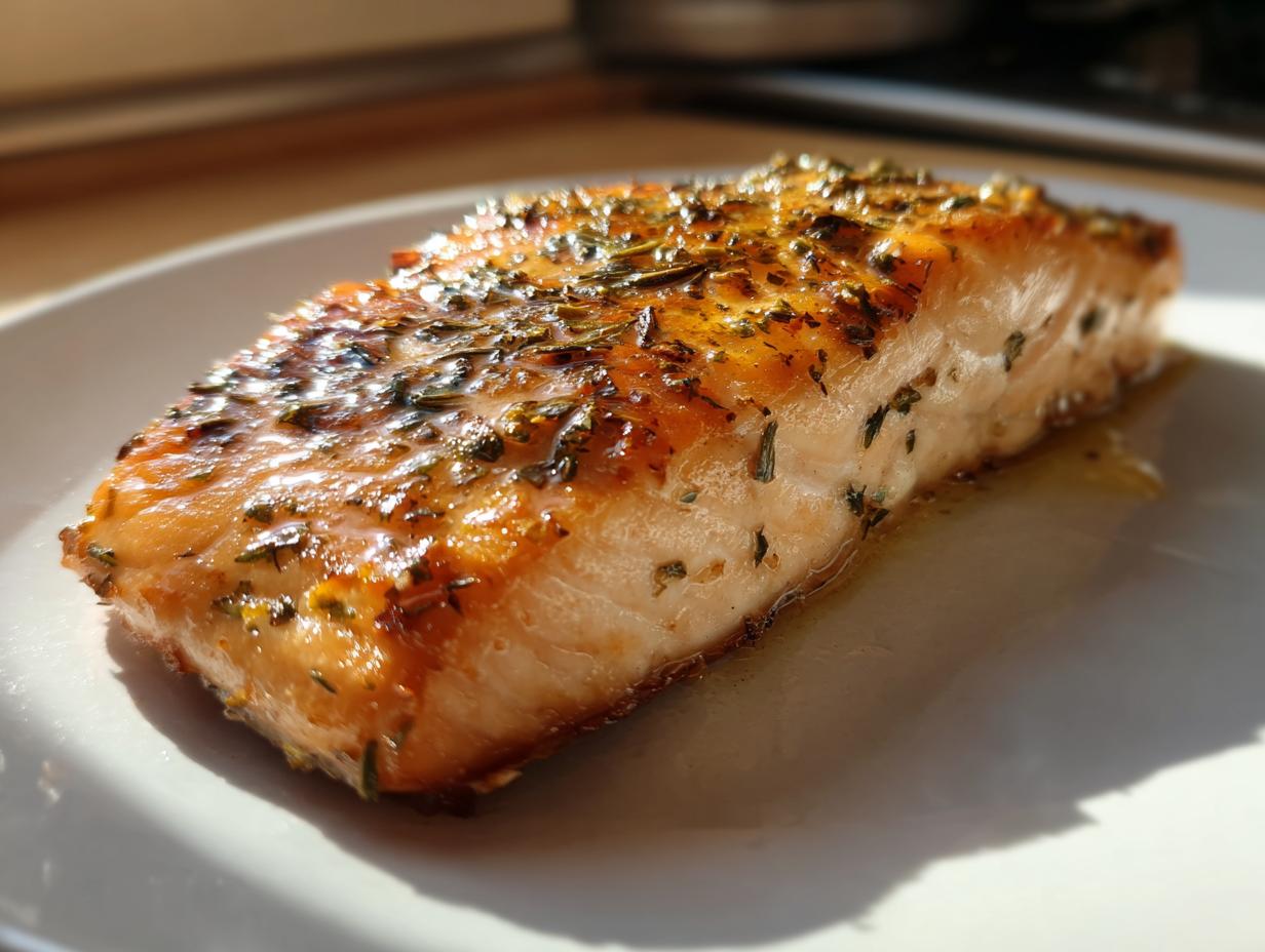 A perfectly cooked piece of salmon, seasoned with herbs, ready for an easy healthy dinner.