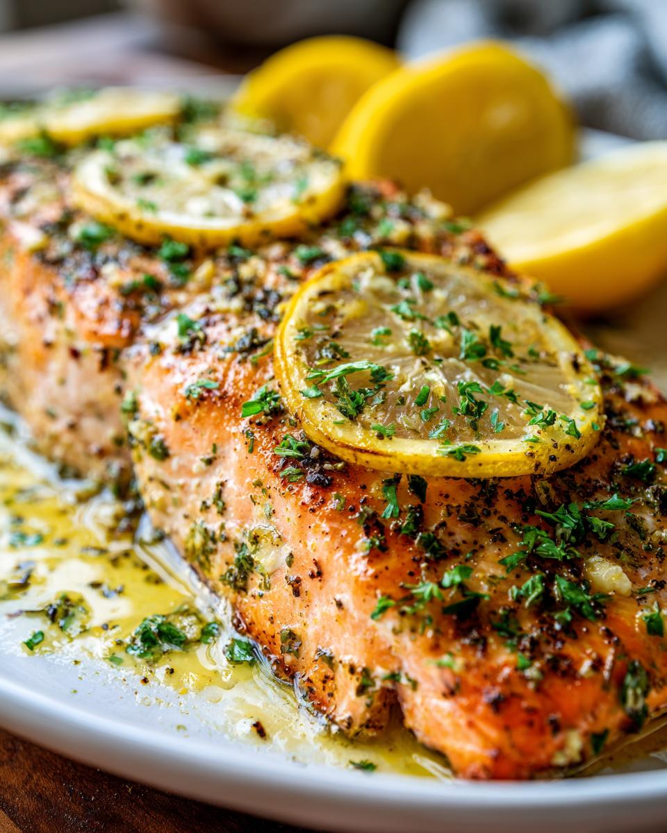 Close-up of a perfectly cooked salmon fillet topped with lemon slices and fresh parsley, part of a quick 30-minute healthy dinner.