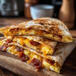 A stack of three Bacon Egg Cheese Breakfast Quesadillas, filled with scrambled eggs, melted cheese, and crispy bacon.