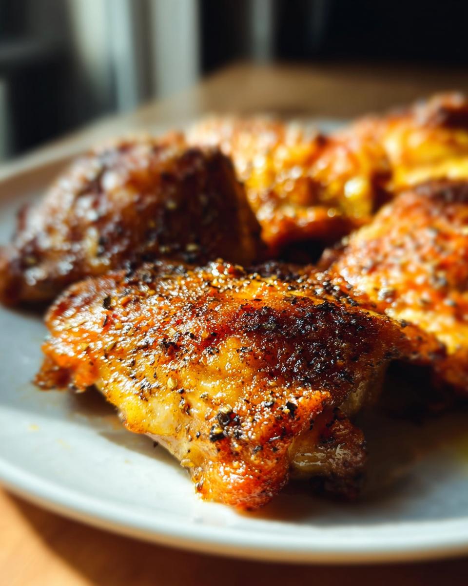 Close-up of perfectly baked chicken thighs with crispy skin and seasoned with herbs and spices.