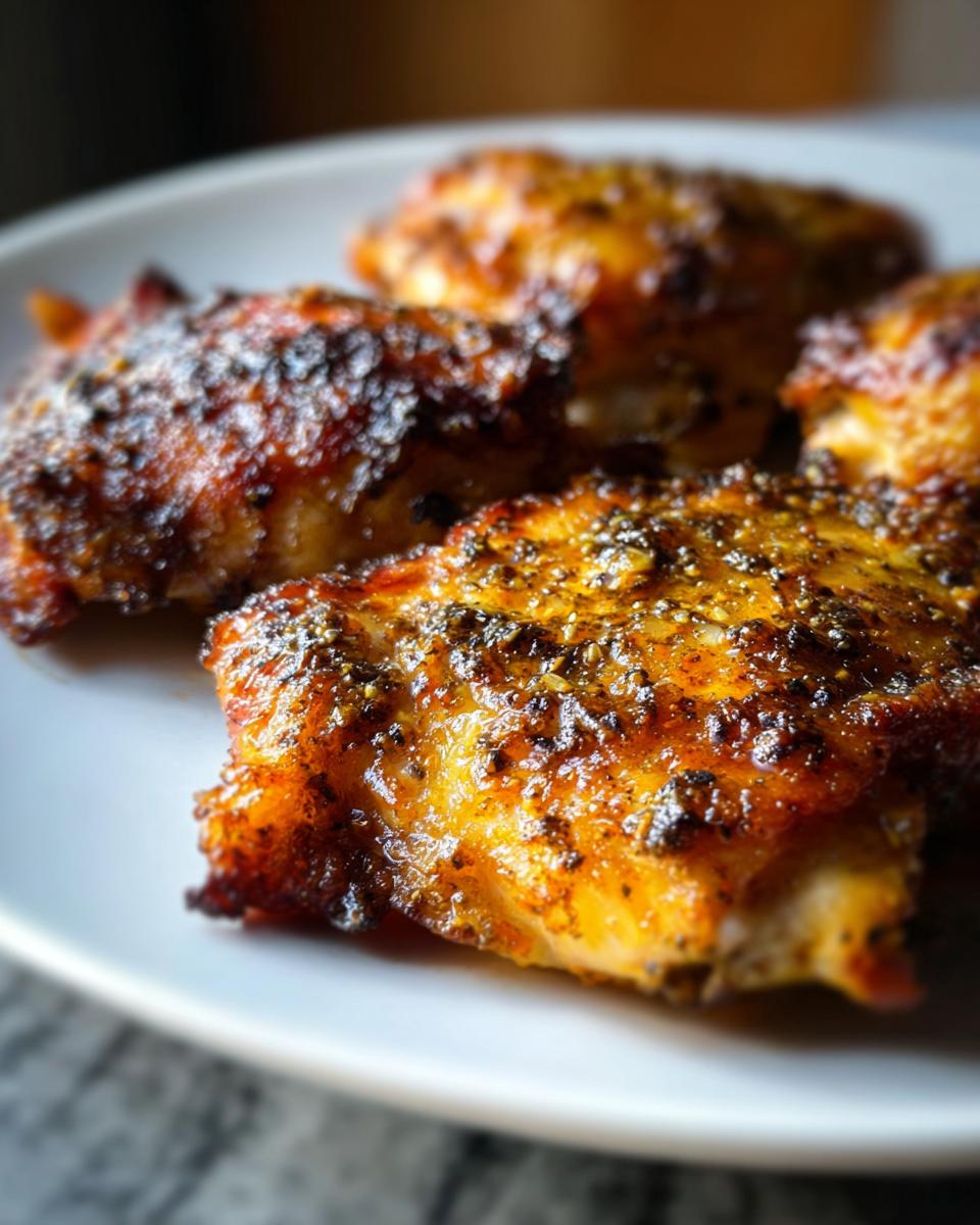 Close-up of four perfectly baked chicken thighs with crispy skin and seasoning, part of crave-worthy chicken thigh recipes.