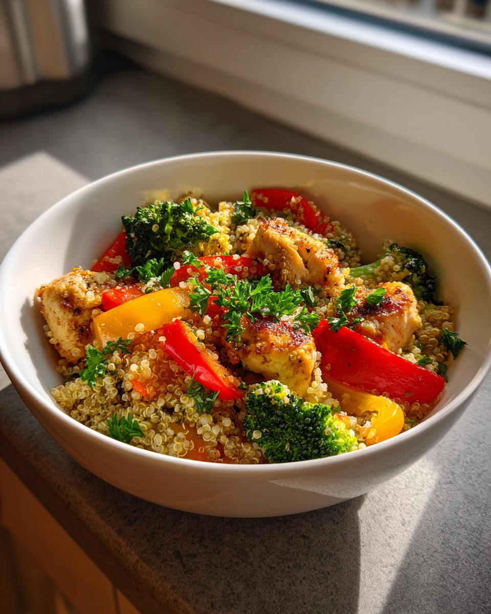 A healthy and balanced meal featuring chicken, quinoa, broccoli, and bell peppers, garnished with parsley.
