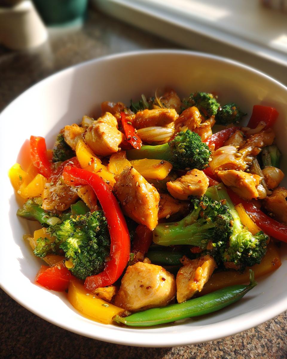 A white bowl filled with a colorful stir-fry of chicken, broccoli, bell peppers, and snow peas, showcasing a balanced meal with veggies, protein & flavor.