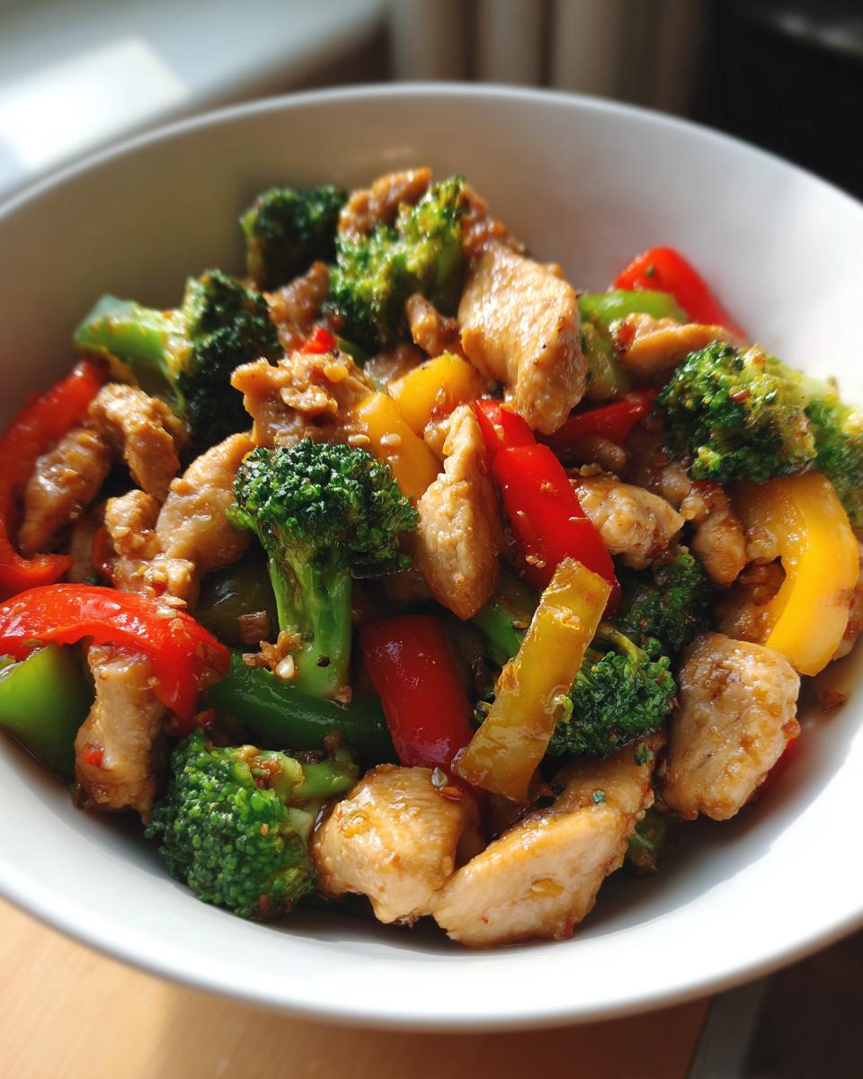 A bowl filled with a balanced meal featuring chicken, broccoli, and bell peppers, showcasing veggies, protein & flavor.