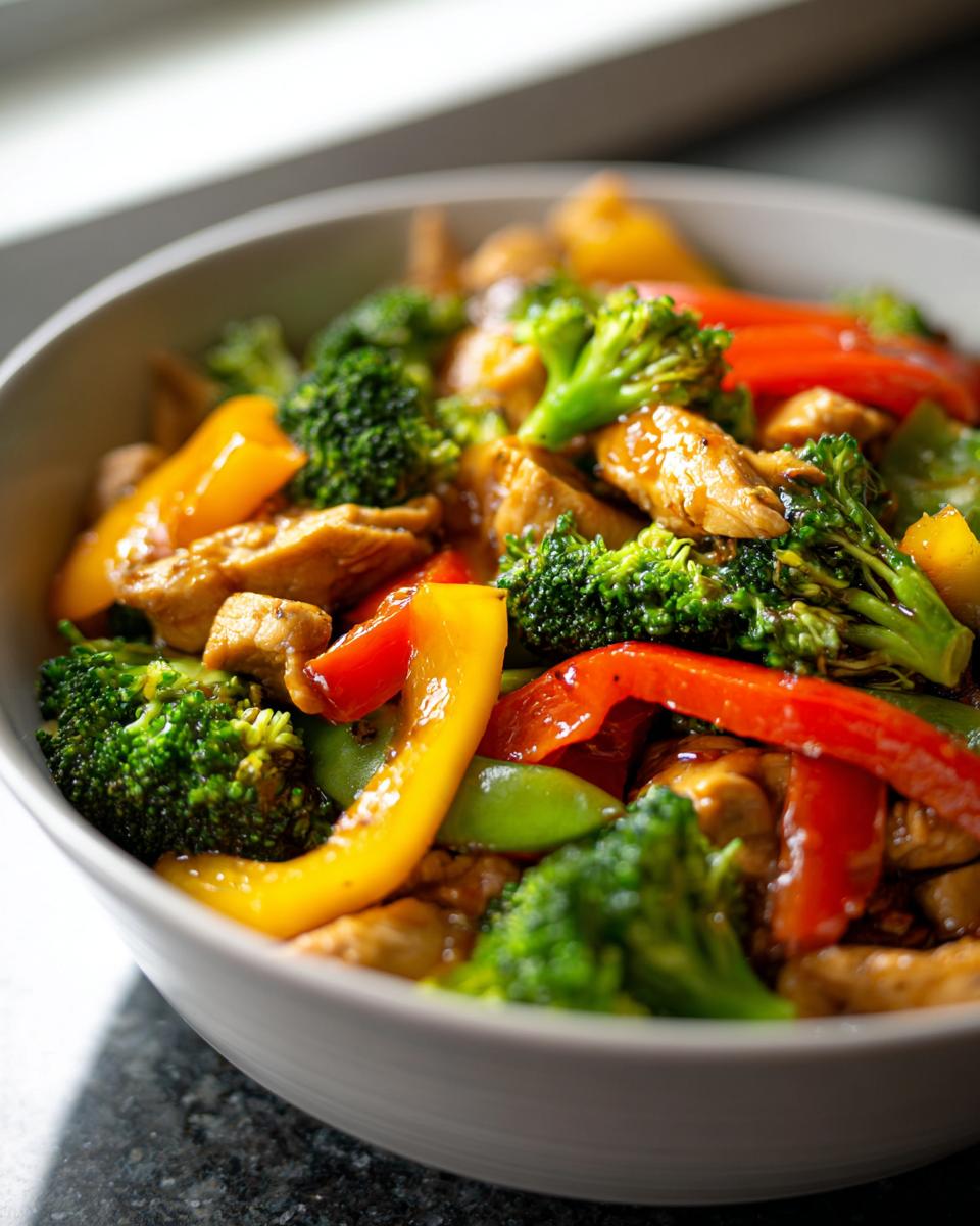 A close-up of a white bowl filled with a vibrant stir-fry featuring chicken, broccoli, bell peppers, and snap peas, showcasing a balanced meal.