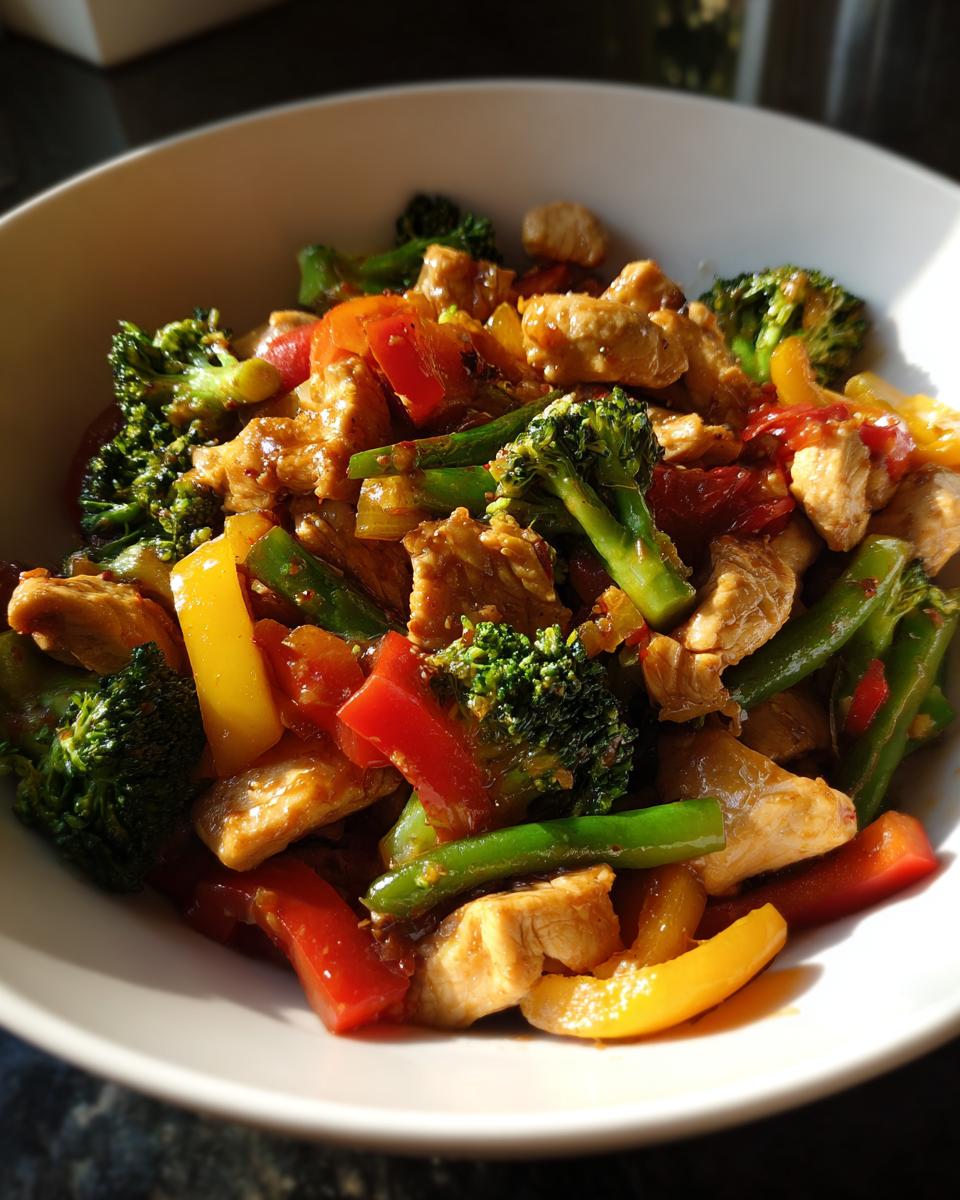 A close-up of a white bowl filled with a stir-fry featuring chicken, broccoli, bell peppers, and green beans, showcasing a balanced meal with veggies, protein & flavor.