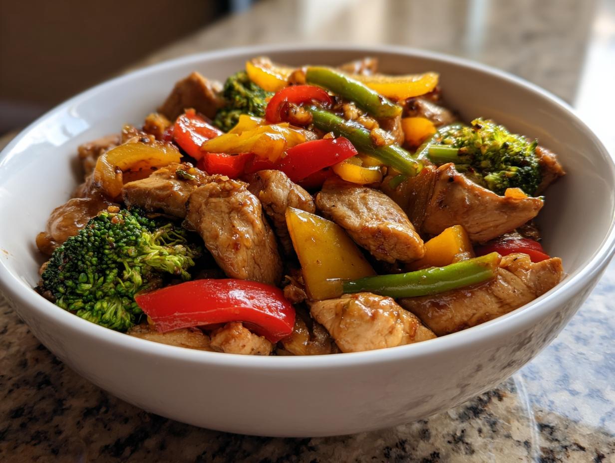 A white bowl filled with a colorful stir-fry featuring chicken, broccoli, bell peppers, and green beans, showcasing a balanced meal with veggies, protein & flavor.