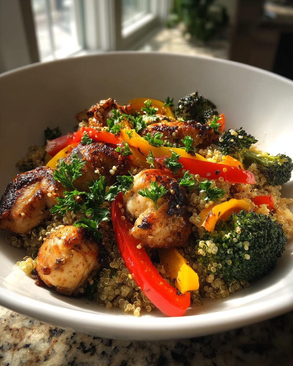 A vibrant bowl of balanced meal with chicken, quinoa, broccoli, and bell peppers, garnished with parsley.