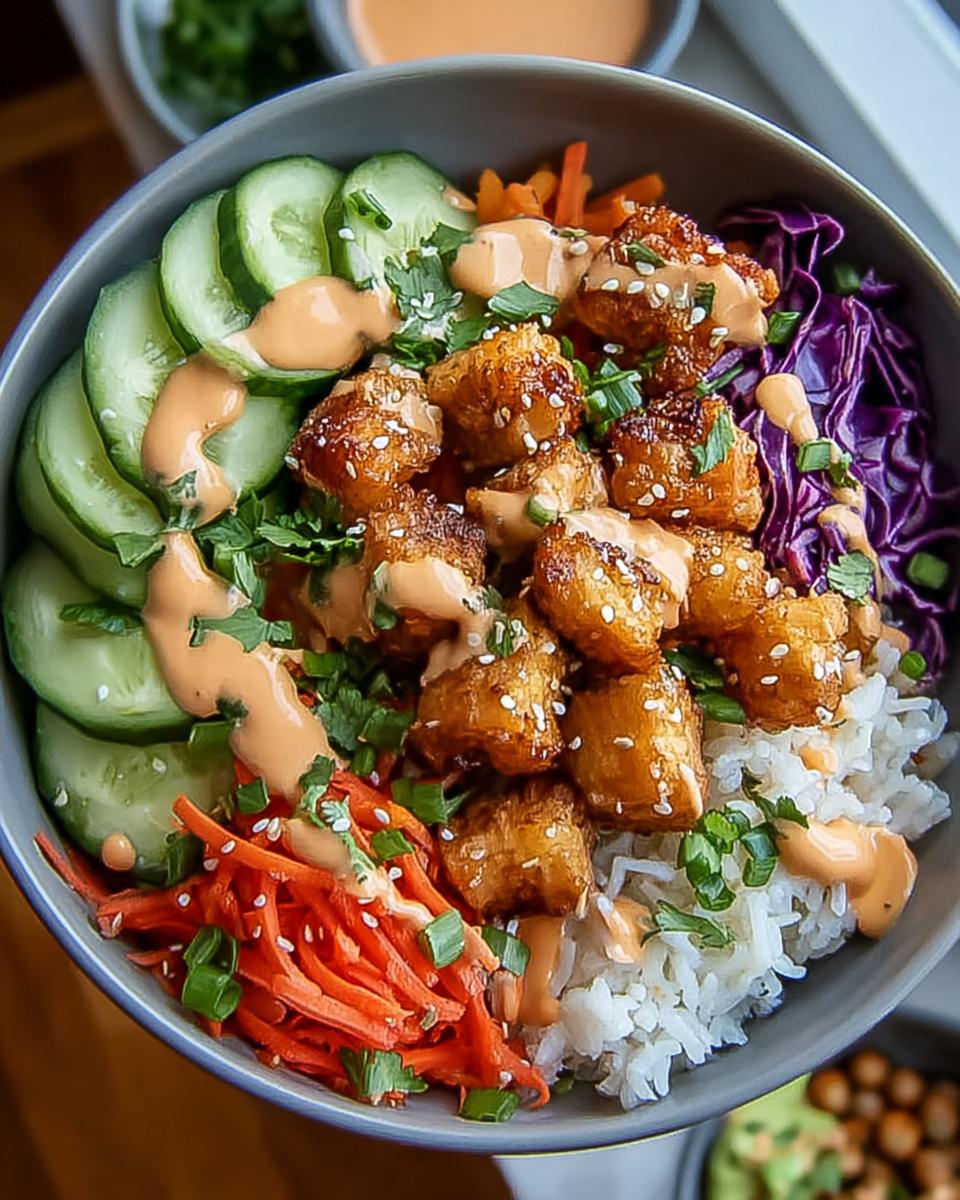 A delicious Bang Bang Chicken Bowl filled with crispy chicken, rice, cucumber, shredded carrots, and red cabbage, drizzled with sauce.