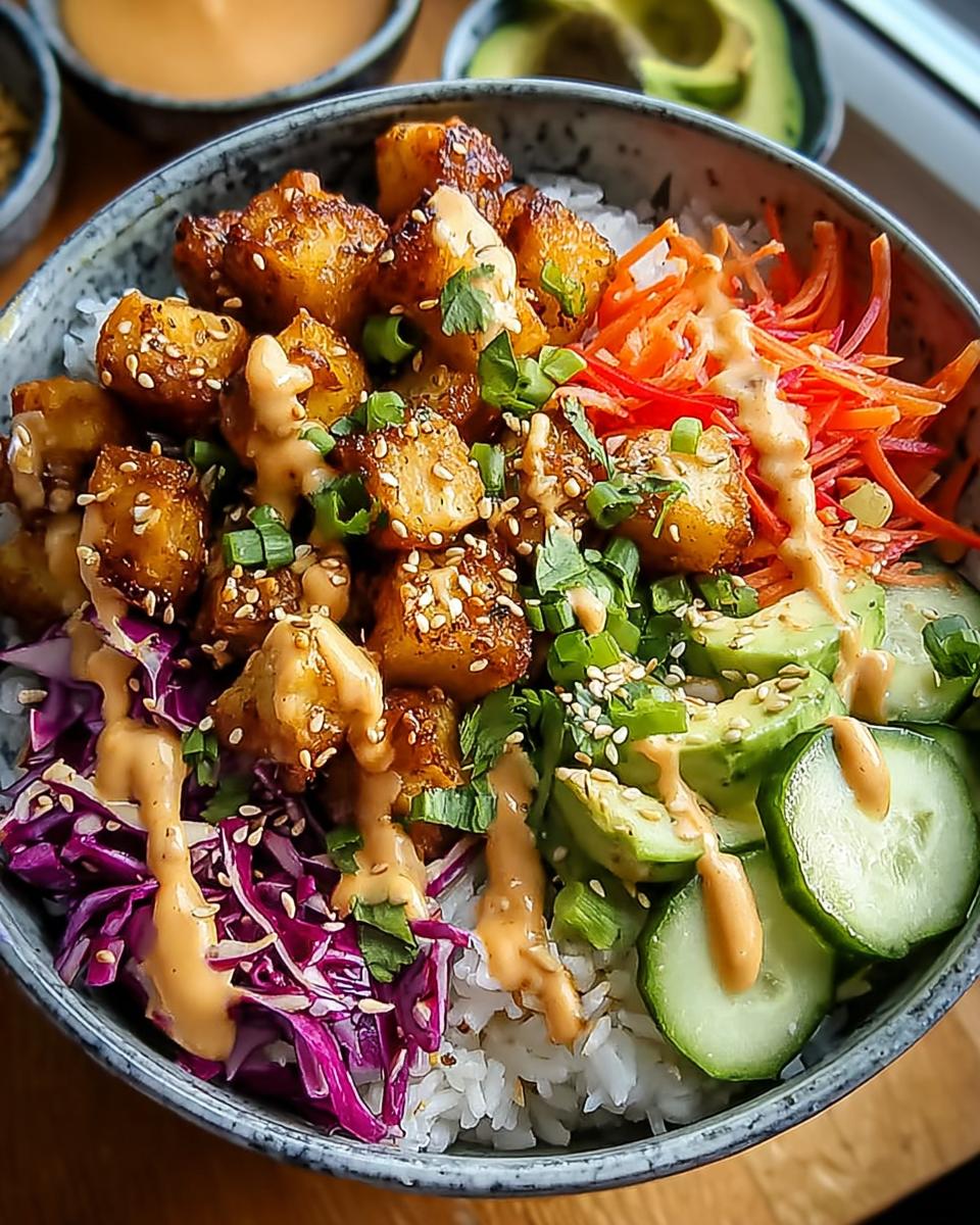A delicious Bang Bang Chicken Bowl with crispy chicken, rice, avocado, cucumber, shredded carrots, and red cabbage, drizzled with sauce.