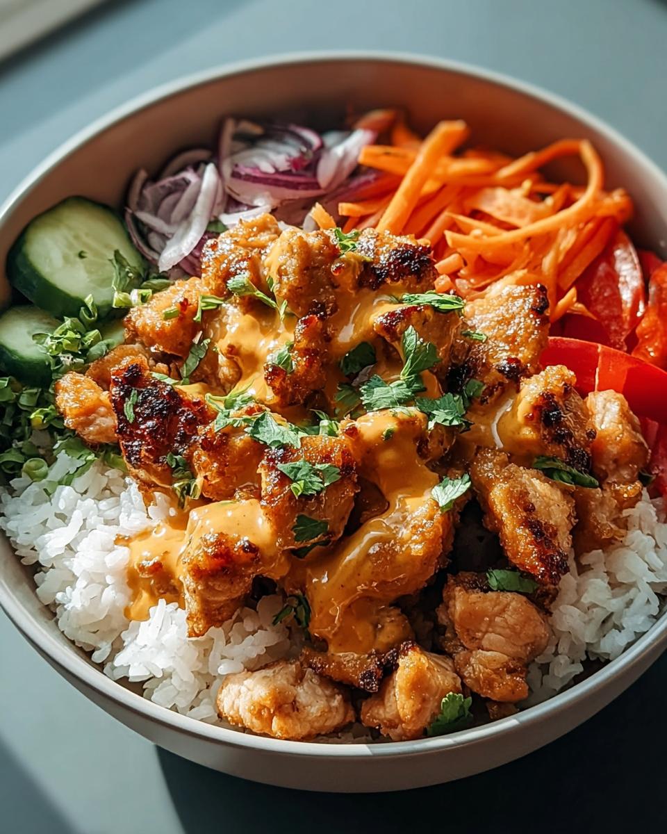 A delicious Bang Bang Chicken Bowl featuring crispy chicken, rice, shredded carrots, cucumber, red onion, and bell peppers, drizzled with sauce.