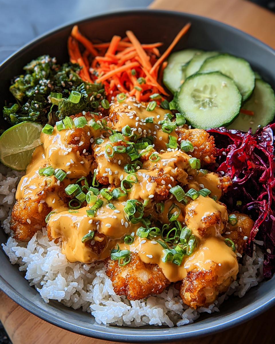A delicious Bang Bang Chicken Bowl with crispy chicken, rice, shredded carrots, cucumber, and red cabbage, drizzled with sauce.