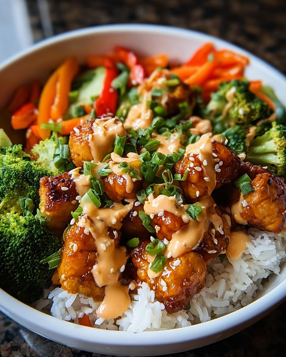 A close-up of a Crave-Worthy Bang Bang Chicken Bowl, featuring crispy chicken, rice, broccoli, peppers, and a creamy sauce.