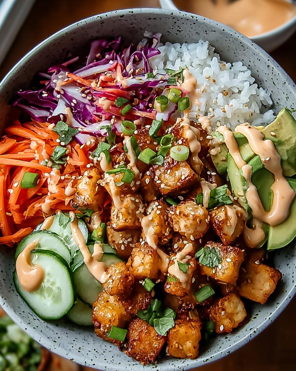 A delicious Bang Bang Chicken Bowl featuring crispy chicken, rice, avocado, cucumber, carrots, and red cabbage, drizzled with sauce.