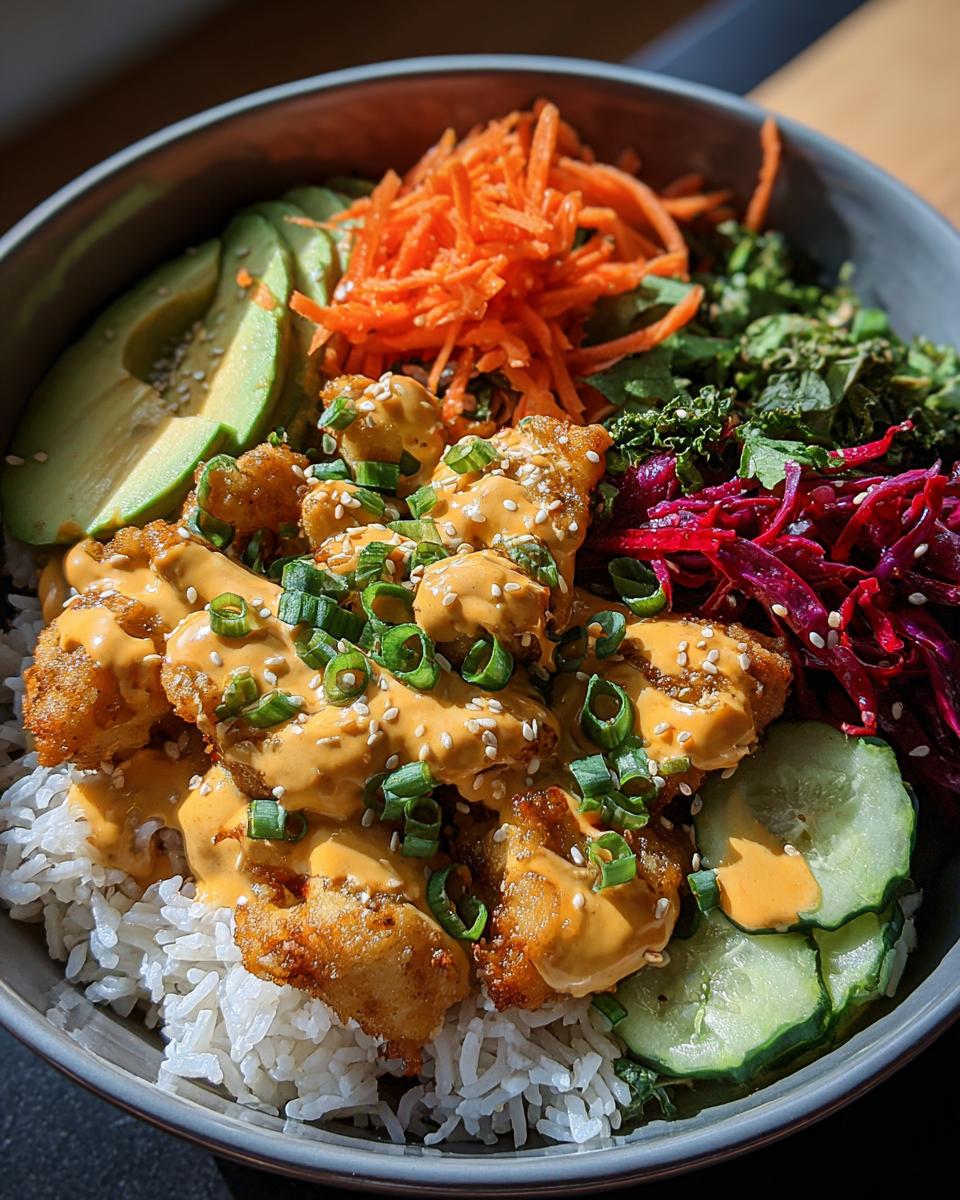 A vibrant Bang Bang Chicken Bowl featuring crispy chicken, rice, avocado, shredded carrots, red cabbage, and cucumber.