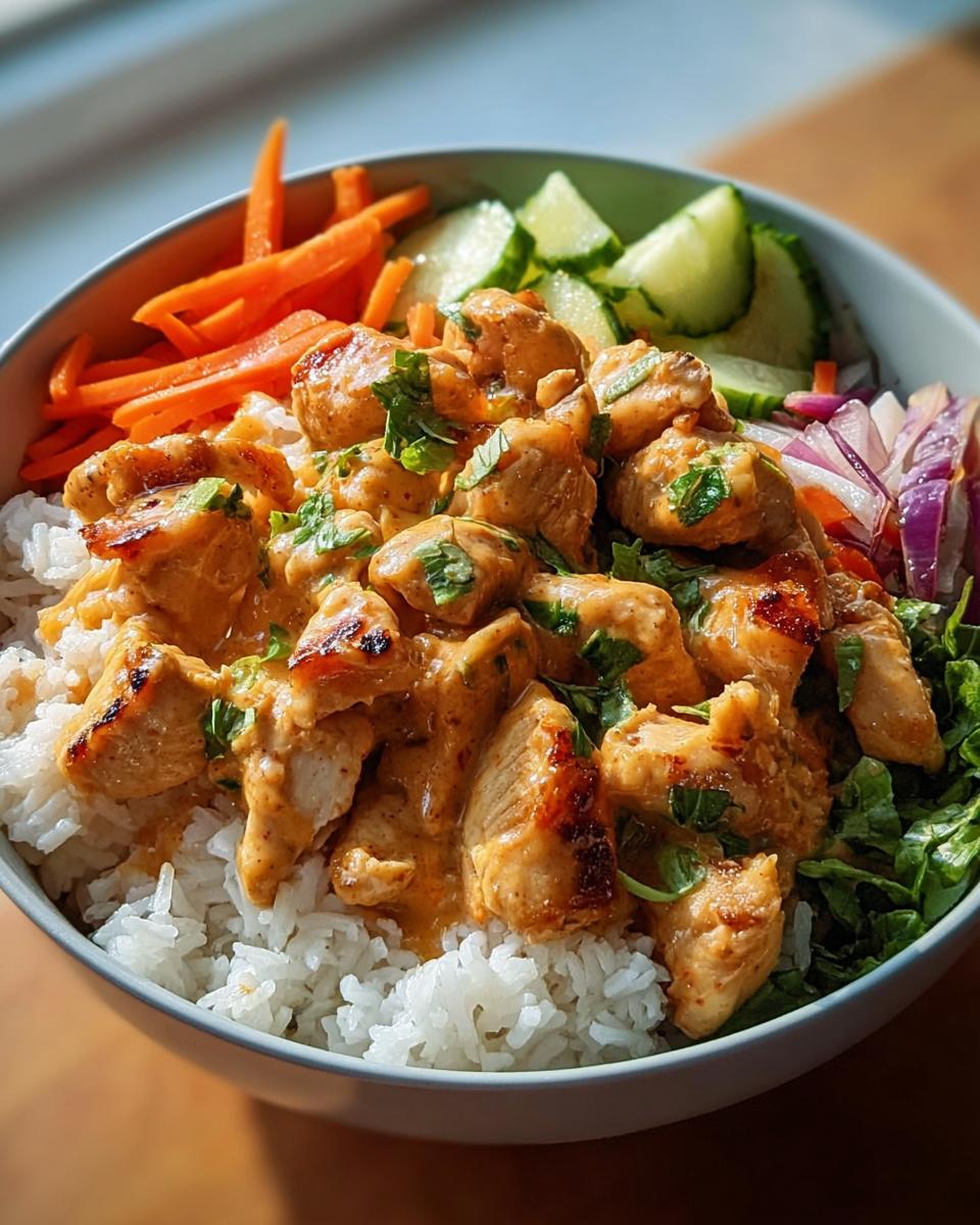 A close-up of a Bang Bang Chicken Bowl, featuring tender chicken pieces coated in a creamy sauce over fluffy white rice, with fresh cucumber, shredded carrots, and red onion.