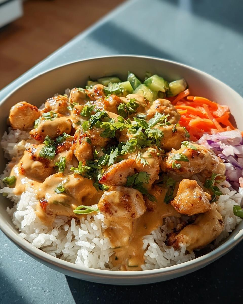 A delicious Bang Bang Chicken Bowl featuring rice, tender chicken, creamy sauce, and fresh vegetables.