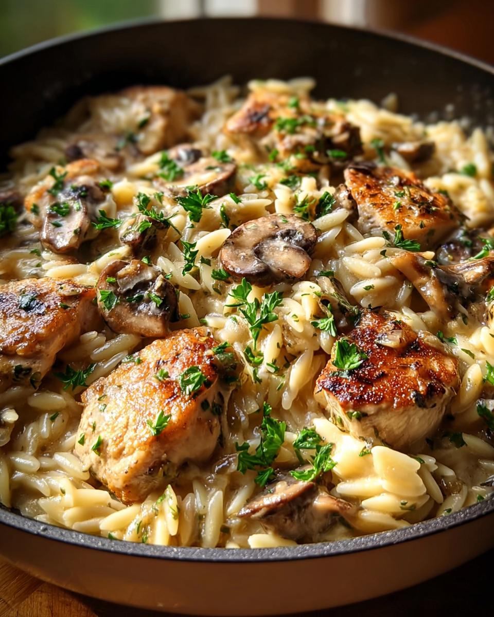 Close-up of a creamy chicken and mushroom orzo dish, a perfect weeknight-friendly dinner recipe for busy moms.