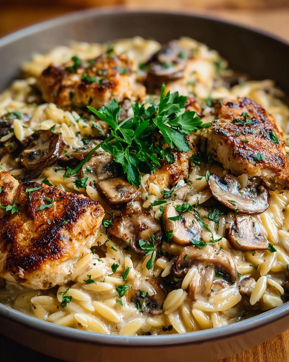 Close-up of a bowl filled with the best orzo dinner recipe, featuring creamy orzo pasta, sliced mushrooms, and pan-seared chicken pieces, garnished with fresh parsley.