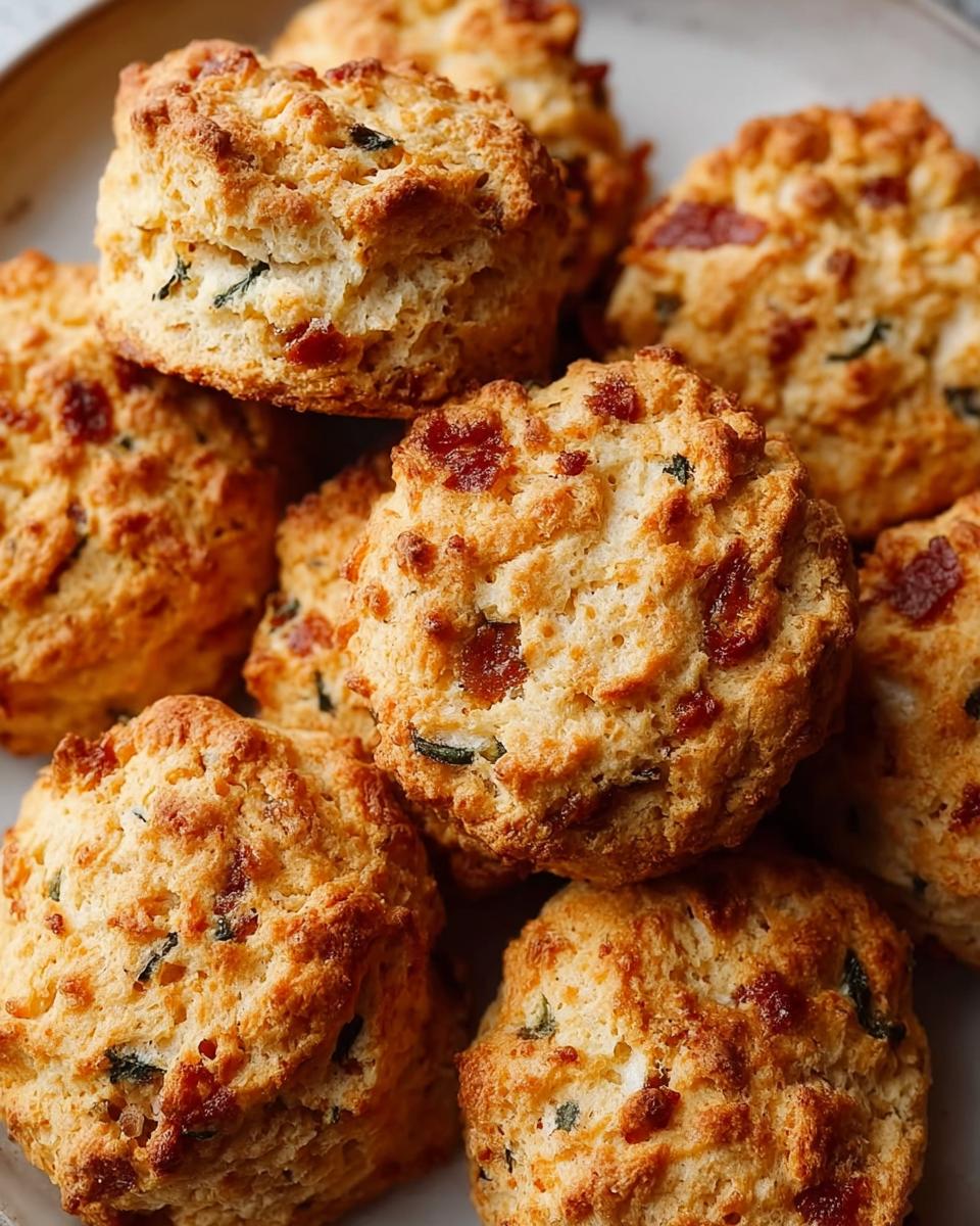 Close-up of a stack of golden-brown Breakfast Protein Biscuits, studded with visible pieces of bacon and herbs.