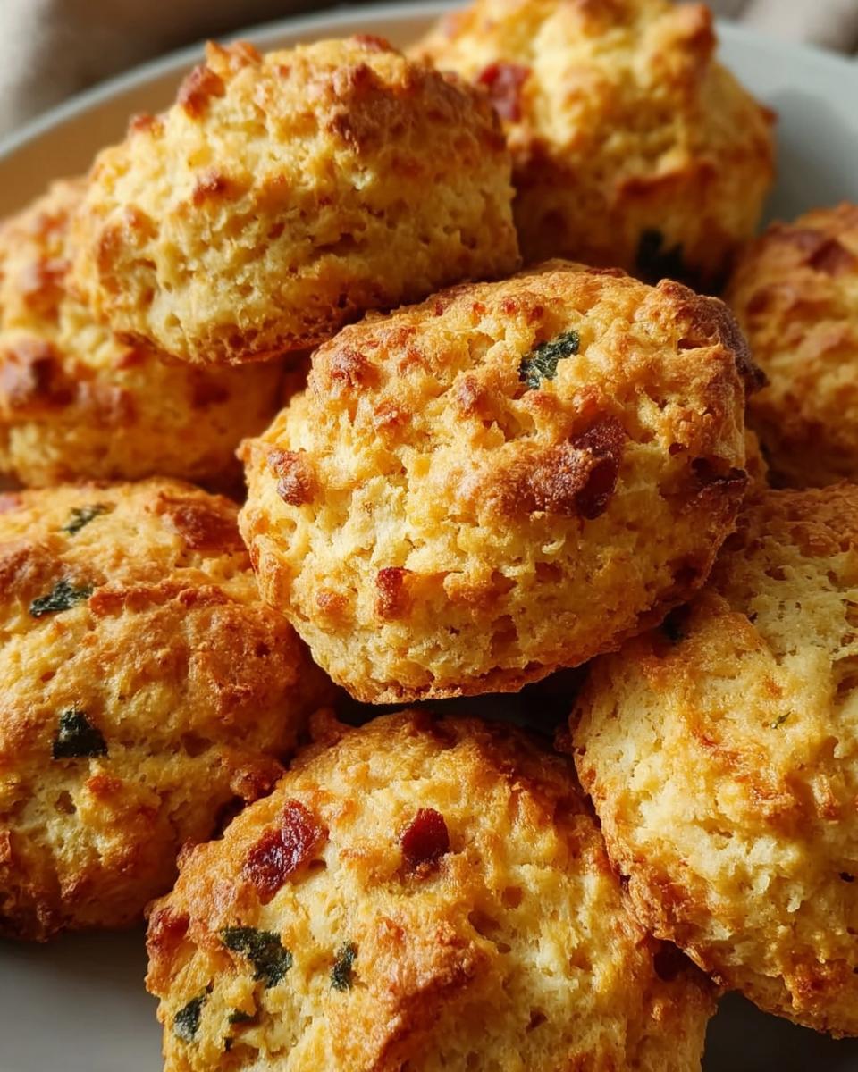 A close-up of golden-brown Breakfast Protein Biscuits, studded with pieces of bacon and green herbs.