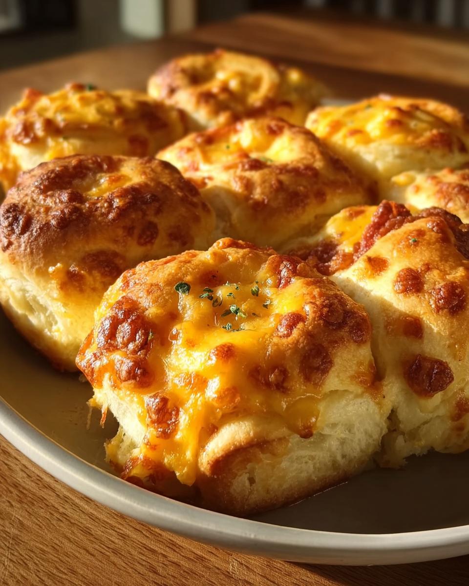 Close-up of warm, fluffy breakfast rolls topped with melted golden cheese and a sprinkle of herbs.
